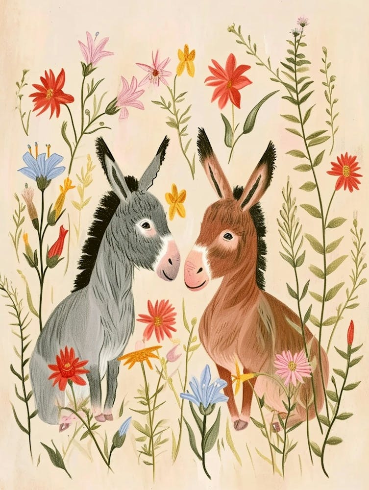 Folksy Floral Animal Drawing Donkey 4