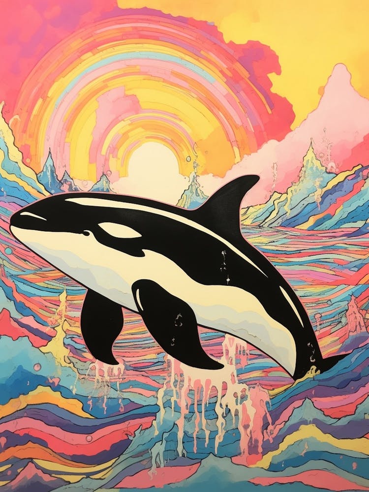Pastel Rainbow Orca Whale Waves 2