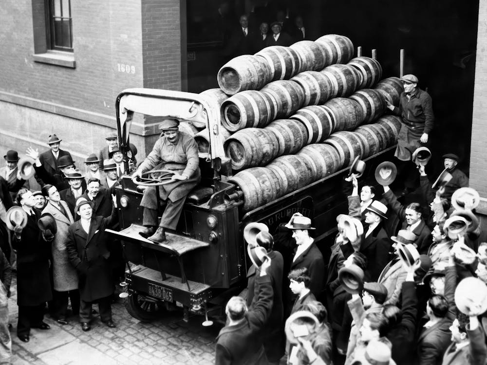 Prohibition, Beer Barrels on Truck, Bar Cart Decor, Vintage Black and White Old Photo