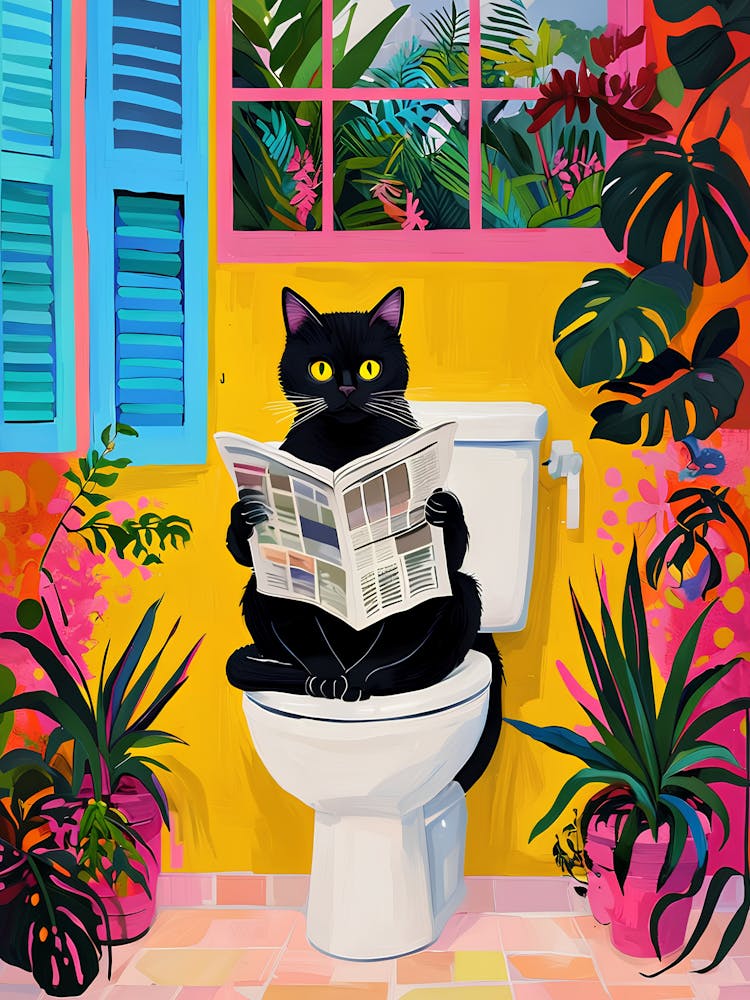 Black Cat Reading Newspaper On Toilet Seat