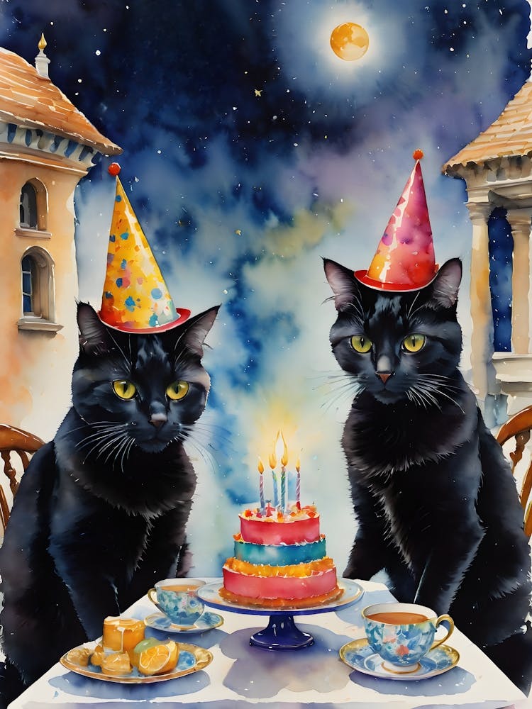 Watercolor Black Cat Friends Having a Birthday Party and Tea on a Full Moon