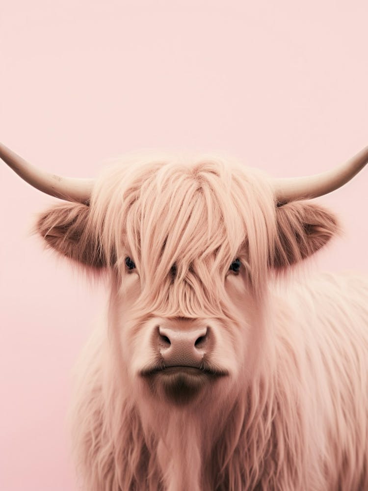 Cute Photographic Portrait Of Pastel Pink Highland Cow 2