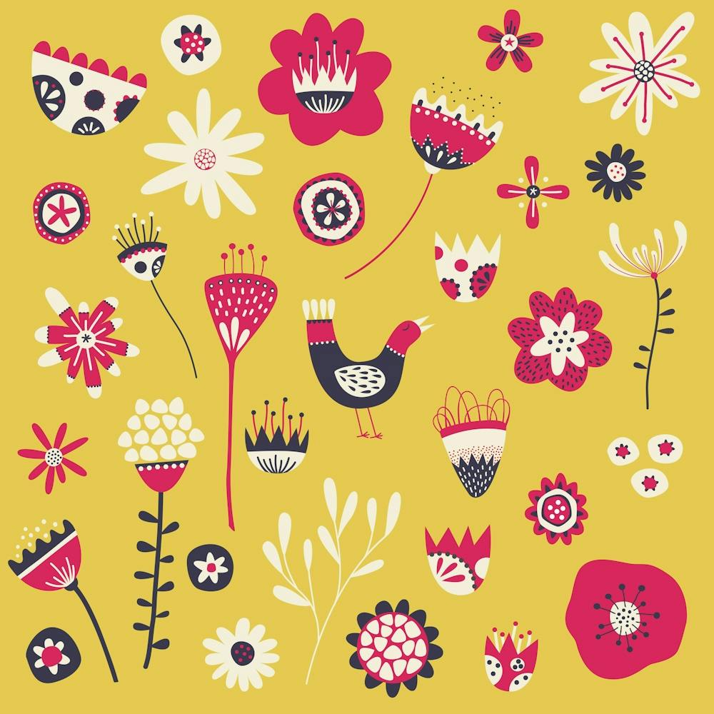 Skandinavische Volksblumen und Vögel Gelb
