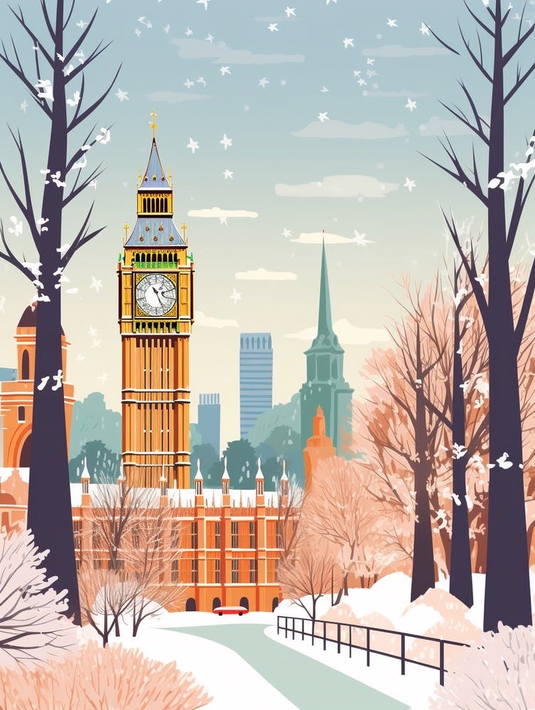 Vintage Winter Travel Illustration London United Kingdom 1
