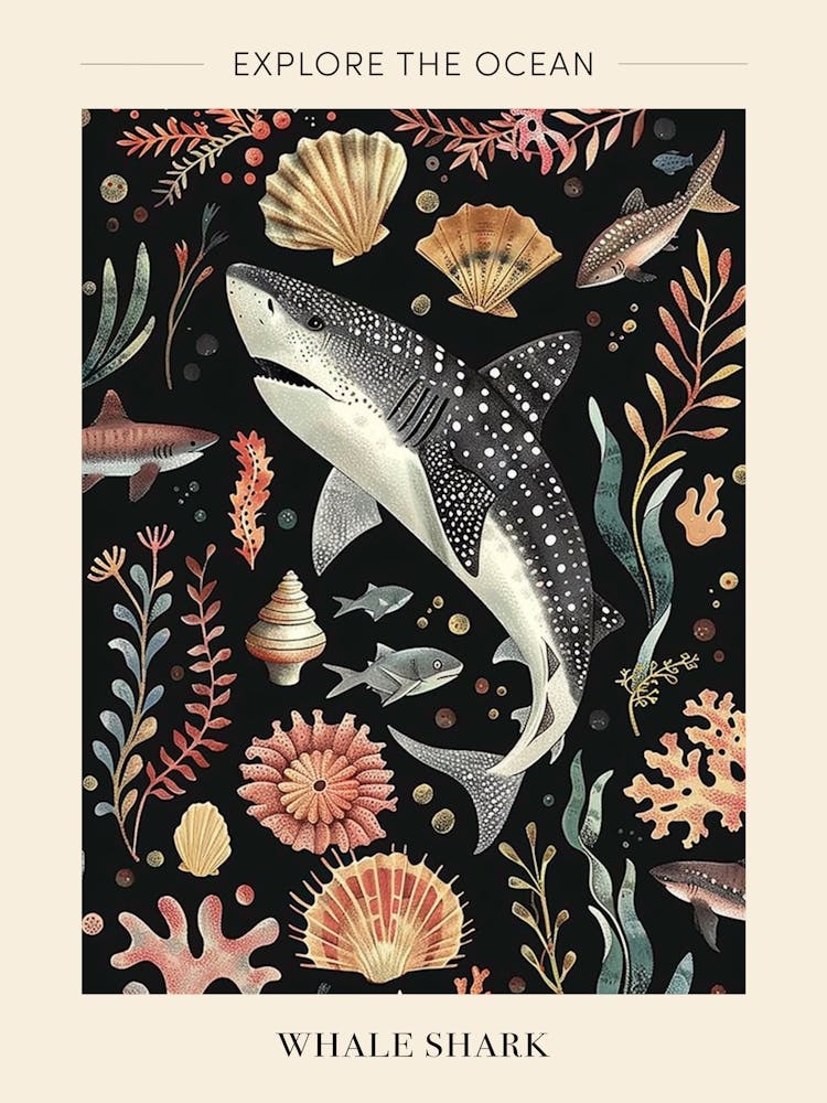 Whale Shark Seascape Black Background Illustration 2 Poster