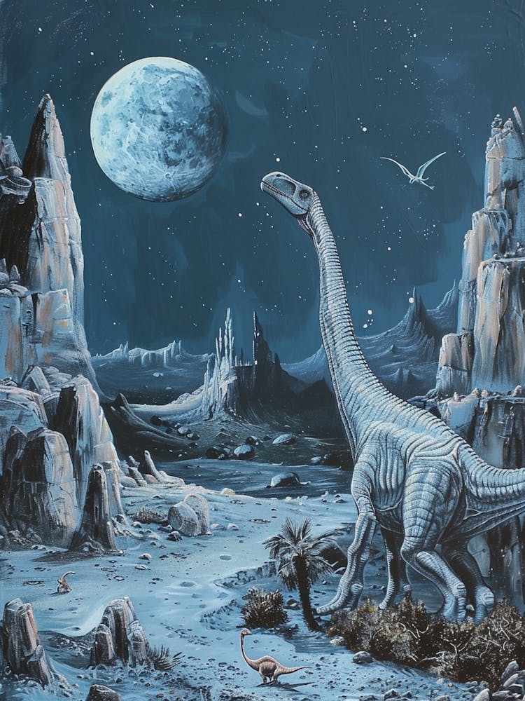 Dinosaur Under The Moon Painting 1