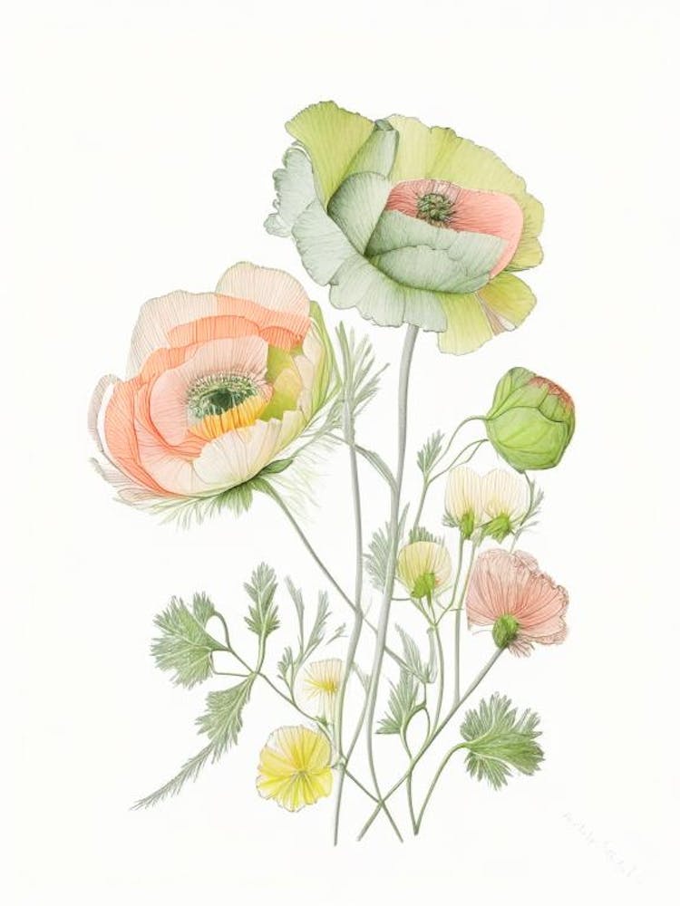 Ranunculus Floral Quentin Blake Inspired Illustration 3 Flower