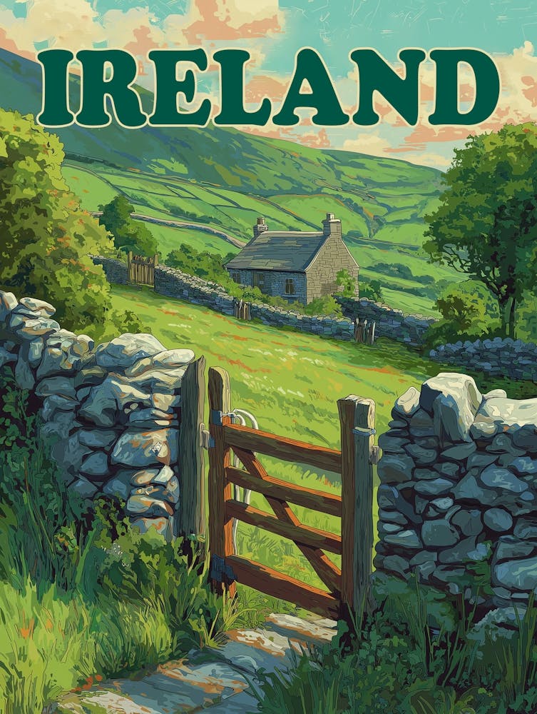 Vintage Ireland Countryside Poster – Retro Scenic Landscape & Stone