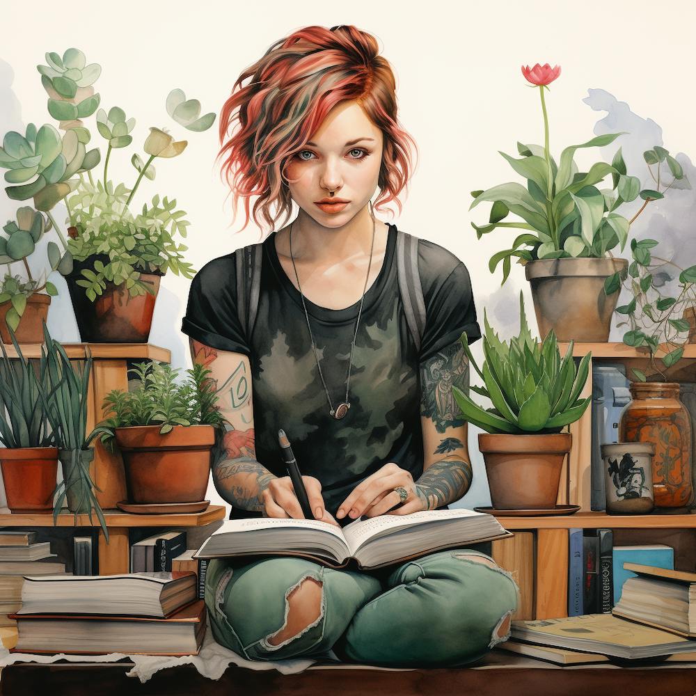 Girl Reading A Book With Plants Watercolour