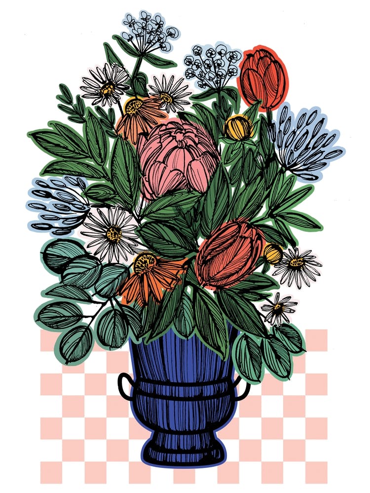 Checkboard Peony Vase