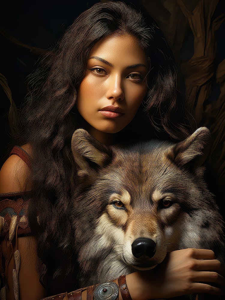 Femme Amérindienne Muskogee Creek Avec un Loup