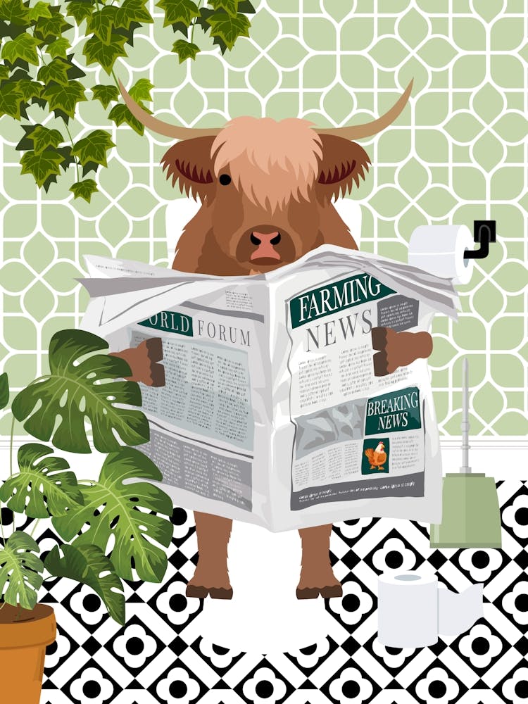 Highland Cow On Toilet Green Botanical