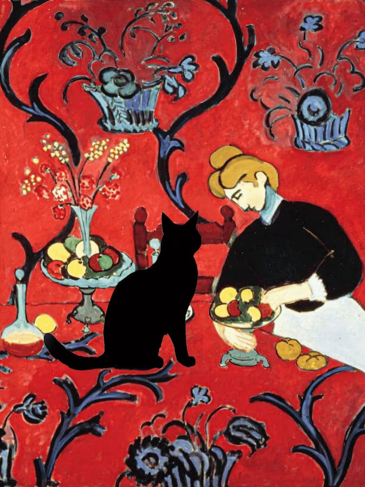 Henri Matisse Poster Print of Dessert - Harmony in Red 1908 in HD With Added Black Cat - Wonderful Printed Artwork Remastered Showing Original Texture High Resolution Vibrant Funny Cats Like Monet