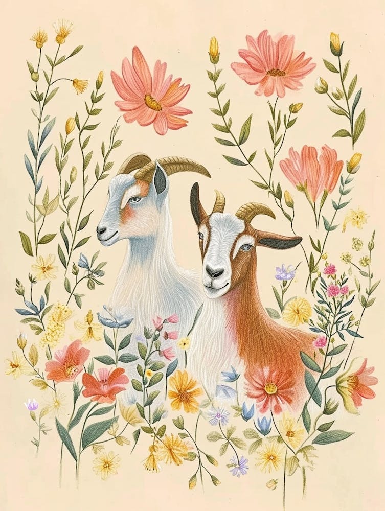 Folksy Floral Animal Drawing Goat 3