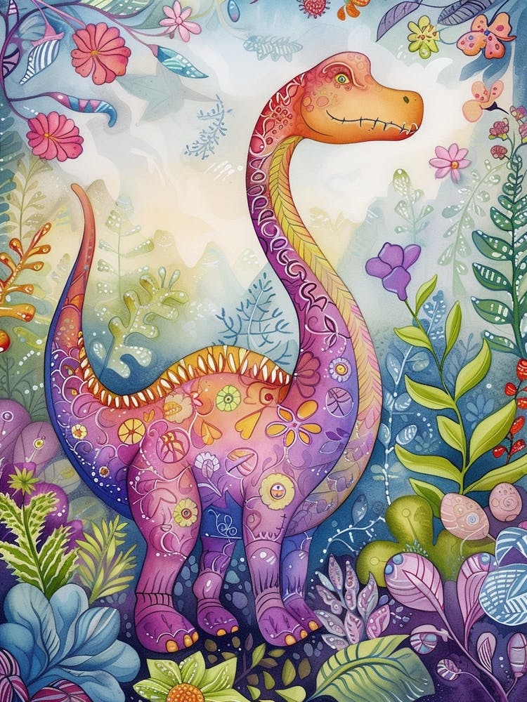 Rainbow Watercolour Brontosaurus Dinosaur 1
