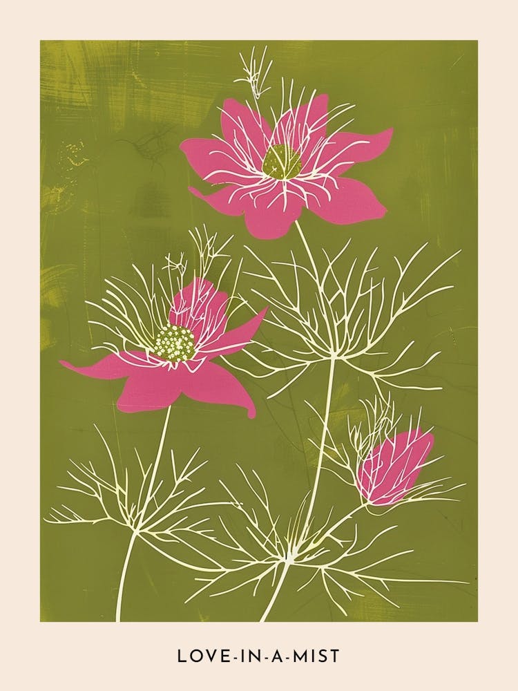 Pink & Green Love In A Mist 5 Flower Poster