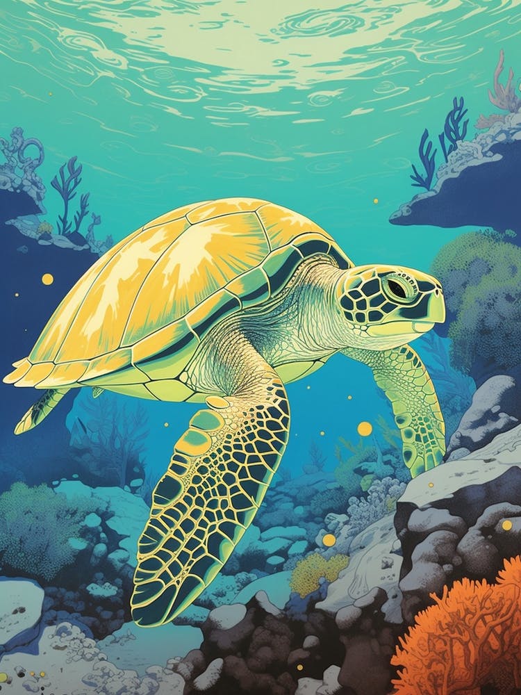 Sea Turtle In The Ocean Linograph Illustration 5