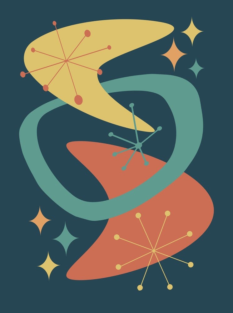 Mid Century Atomic Age Abstract 7 Teal, Charcoal, Orange, Yellow