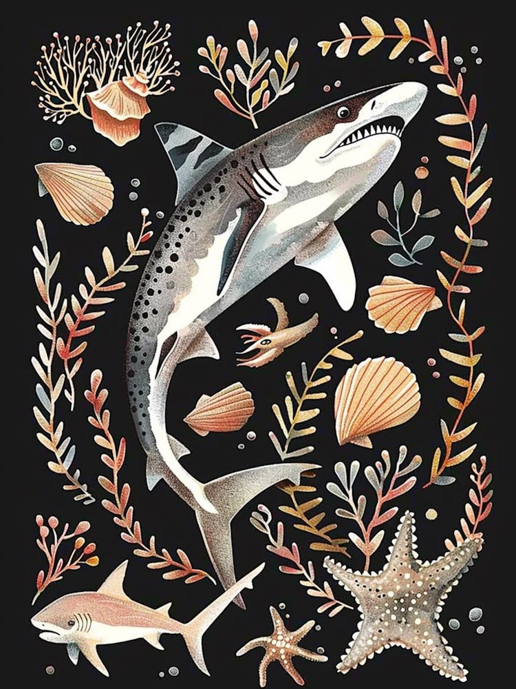 Tiger Shark Seascape Black Background Illustration 1