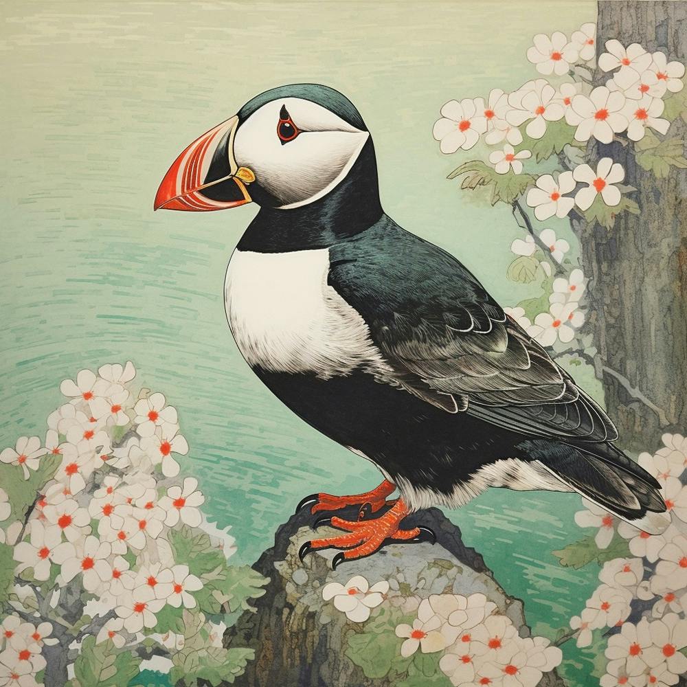 Ohara Koson Inspired Bird Painting Puffin 4 Square