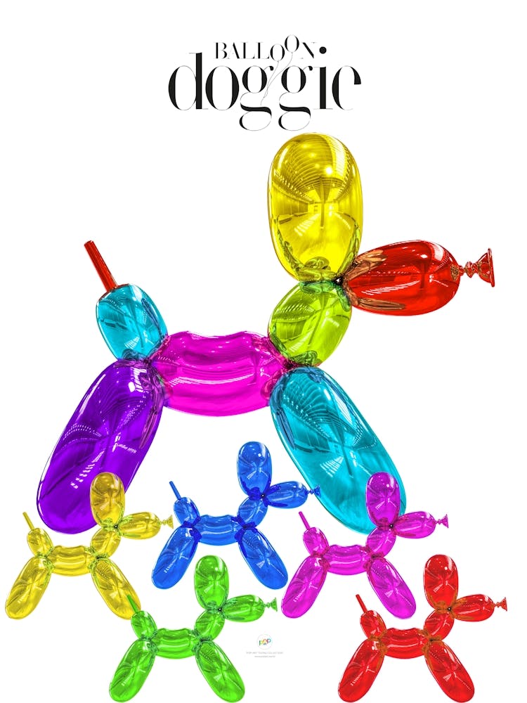 BALLOON DOGGIES FAMILY| Digital art | Pop Art World 2025 This character was invented by someone who played with making figures with balloons. Suddenly, in his skillful hands appeared this little dog, today baptized by Pop Art World as Balloon Doggie. This artwork was created using Adobe Illustrator and Photoshop. The best of Pop Art images, now in digital replicas! Prints with bright colors, sharp images, and high resolution.