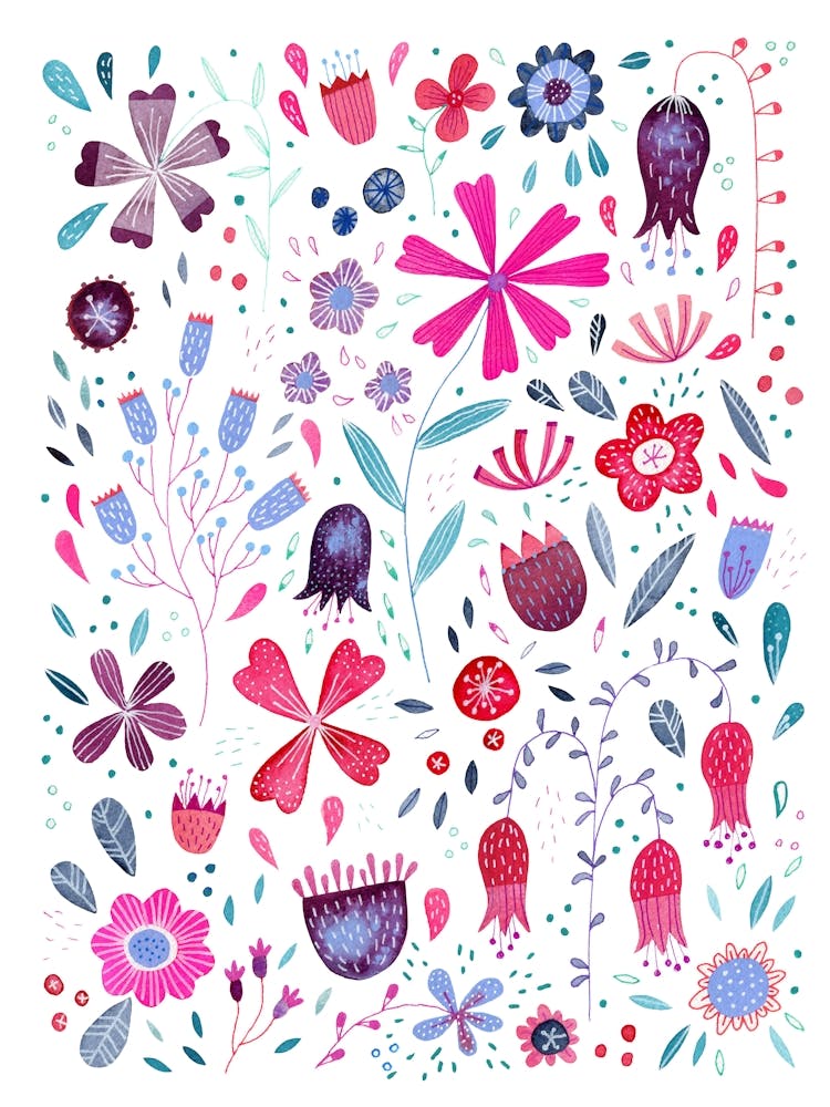 Contemporary Watercolor Flowers in Pink and Teal on White