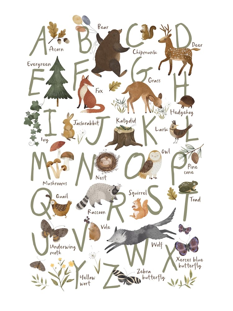 Woodland Nursery Decor, Alphabet, Kids Wall Art
