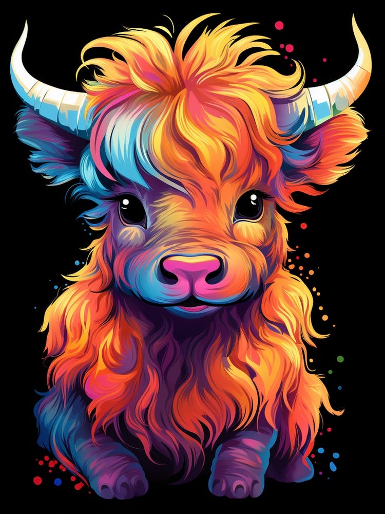 Cute Colourful Digital Illustration Of Highland Cow