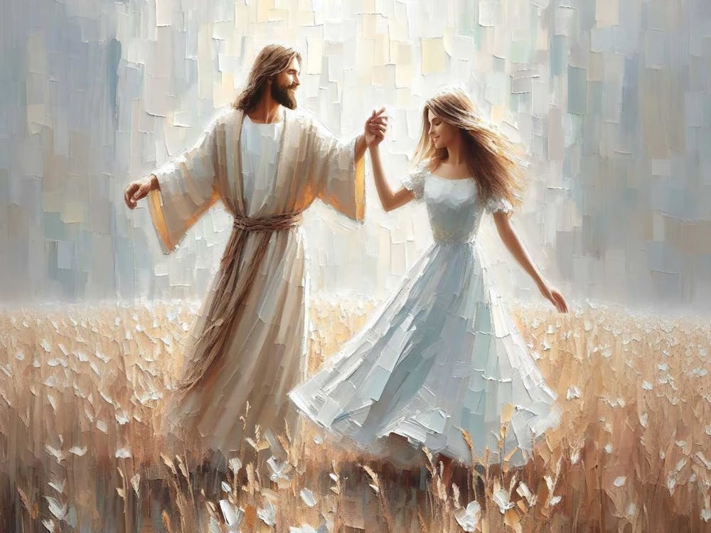 Dancing Together Landscape, Christian Wall Art, Jesus With Woman, Digital Lds Decor, Bible Painting, Digital Jesus Art, Jesus And Girl Dance