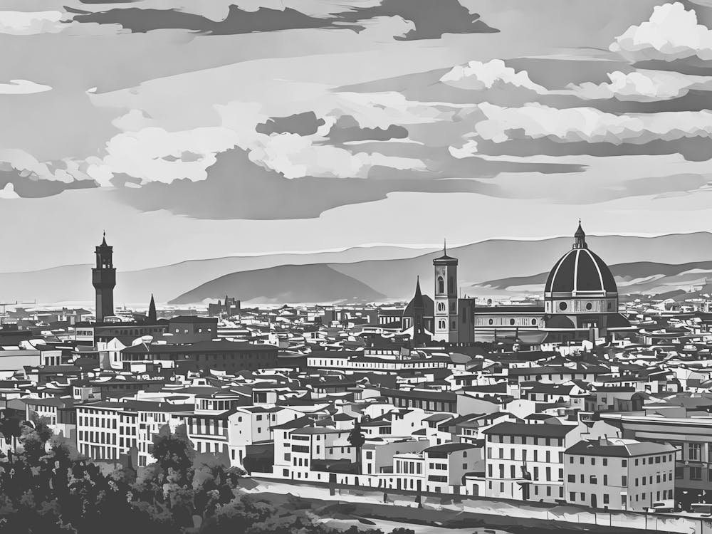 Panoramic View of Florence. This image depicts a panoramic view of Florence, Italy, showcasing its iconic architectural landmarks. The prominent structures include the Florence Cathedral with its distinctive dome and the Palazzo Vecchio with its tall tower. The cityscape is set against a backdrop of rolling hills and a partly cloudy sky, capturing the historical and cultural essence of Florence. 1