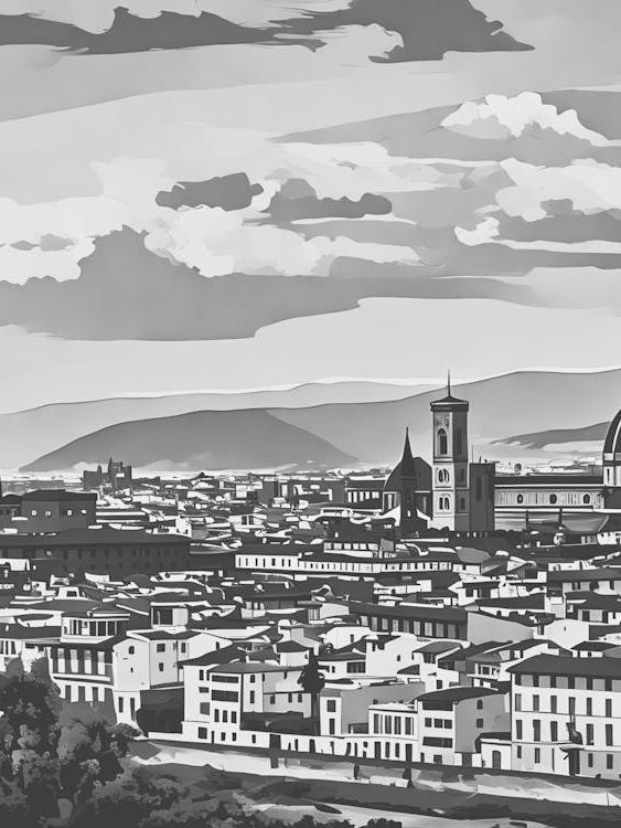 Panoramic View of Florence. This image depicts a panoramic view of Florence, Italy, showcasing its iconic architectural landmarks. The prominent structures include the Florence Cathedral with its distinctive dome and the Palazzo Vecchio with its tall tower. The cityscape is set against a backdrop of rolling hills and a partly cloudy sky, capturing the historical and cultural essence of Florence. 1