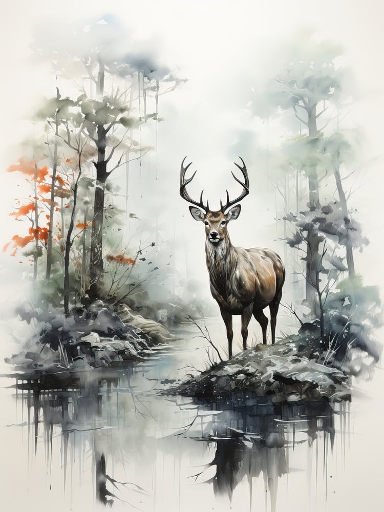 Deer, Japanese Brush Painting, Ukiyo E, Minimal 1