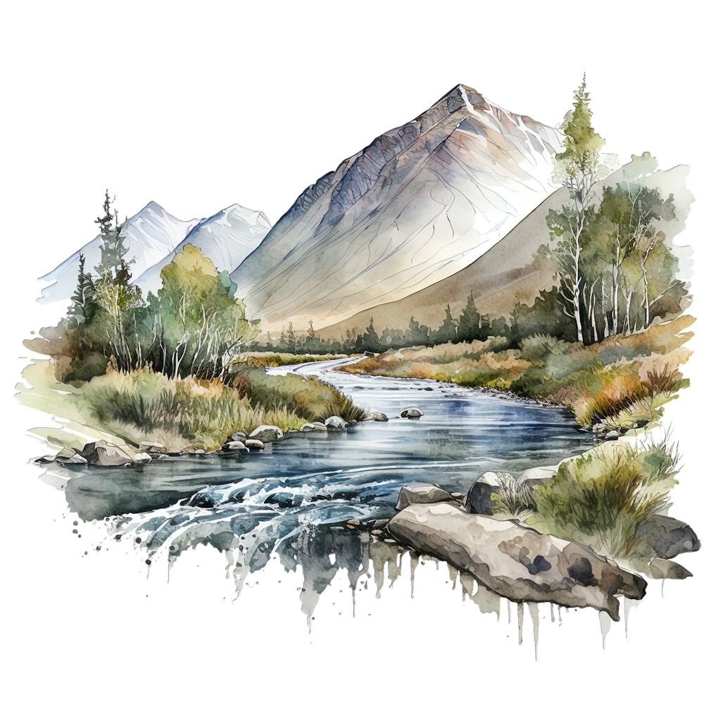 Watercolor Landscape In The Mountains