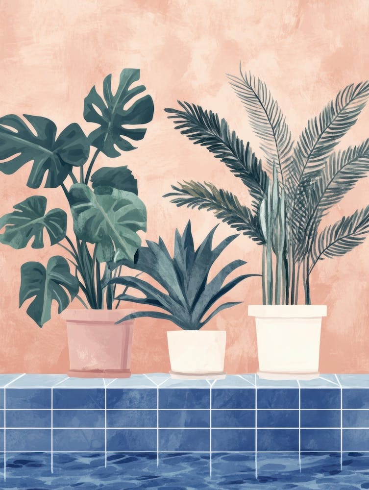 Three Potted Plants By The Pool