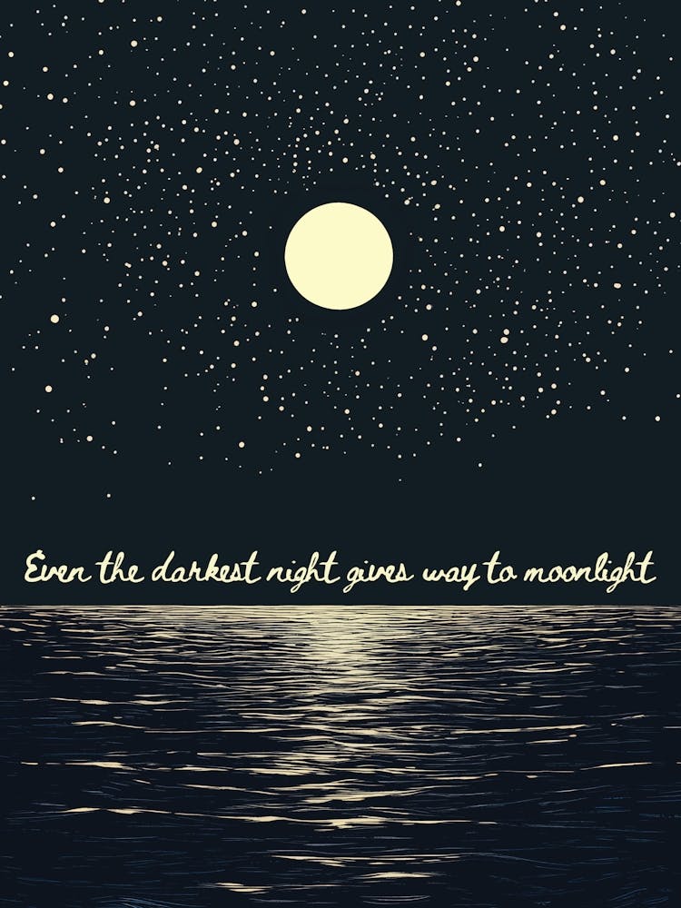 Moonrise over starlit sea – soft gold and midnight navy – uplifting celestial aesthetic – minimalist digital illustration vintage inspired - motivational spiritual genre modern affirmation art perfect for bedrooms, reading corners, or libraries