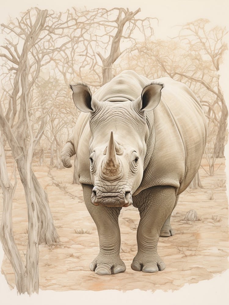 Rhinos Walking By The Trees 1