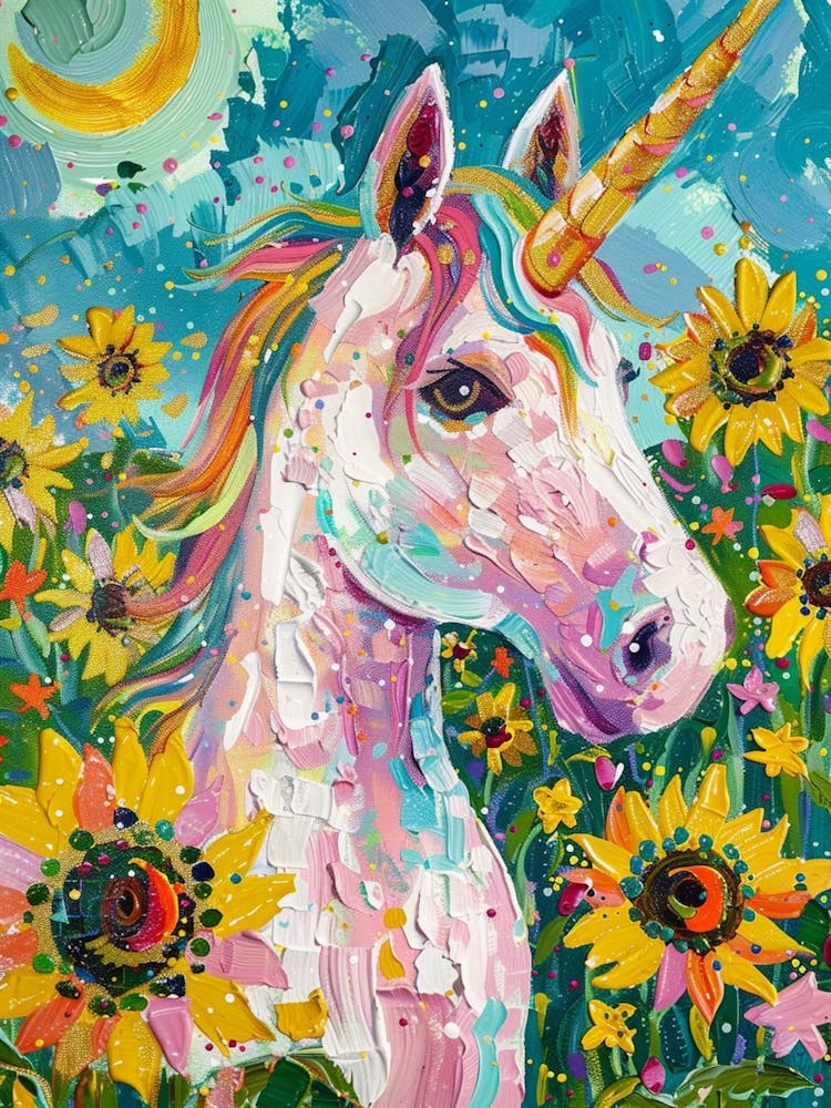 Unicorn In A Sunflower Field Brushstrokes 3