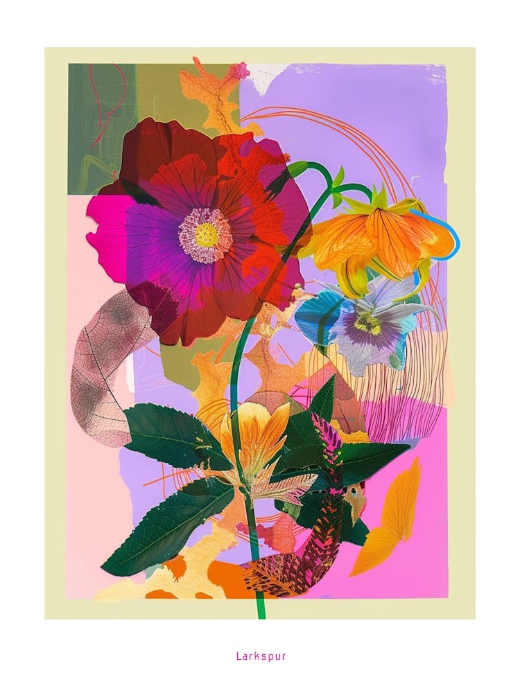 Larkspur 2 Neon Flower Collage Poster