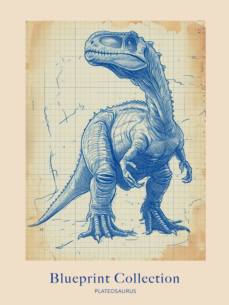 Plateosaurus Dinosaur Blue Print Sketch 3 Poster