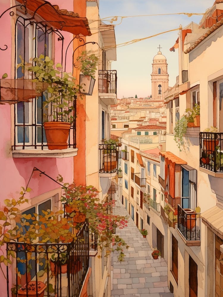 Malaga Spain 1 Vintage Rosa Reiseillustration