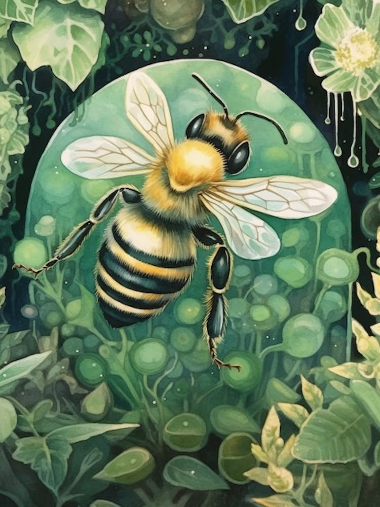 Green Metallic Sweat  Bee Beehive Watercolour Illustration 4