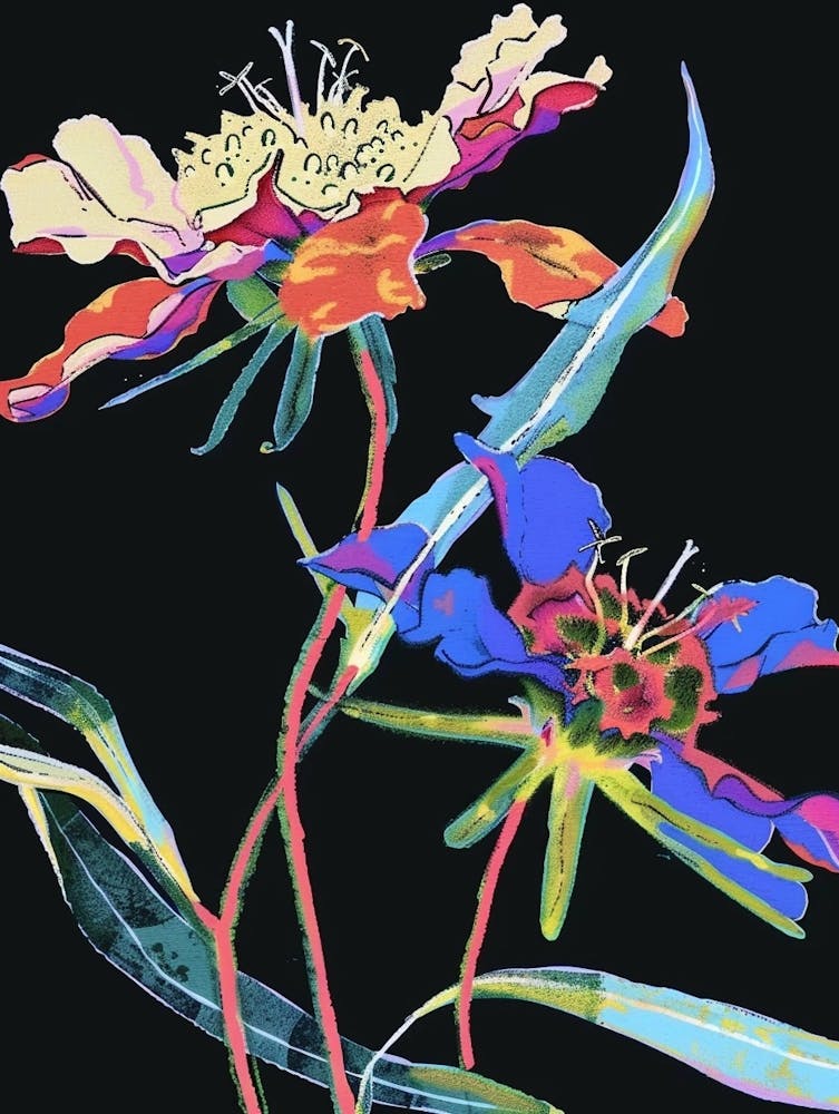Neon Flowers On Black Scabiosa 2