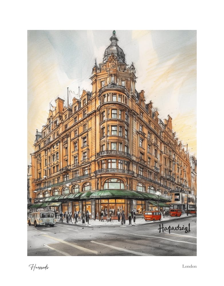 Harrods London Pencil Sketch 3 Watercolour Travel Poster