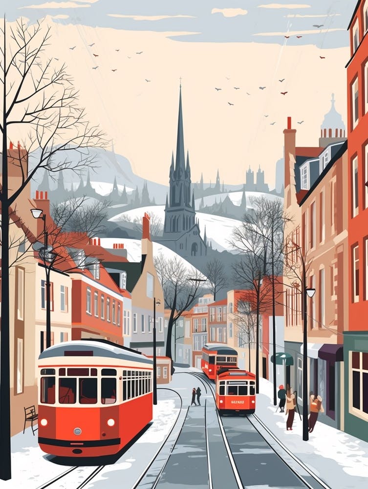 Vintage Winter Travel Illustration Edinburgh Scotland 2