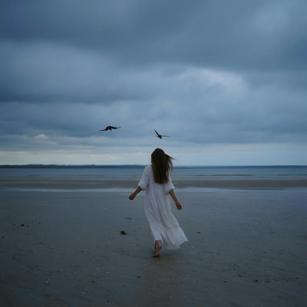 Woman Walking on Beach with Birds - Freedom and the Ocean