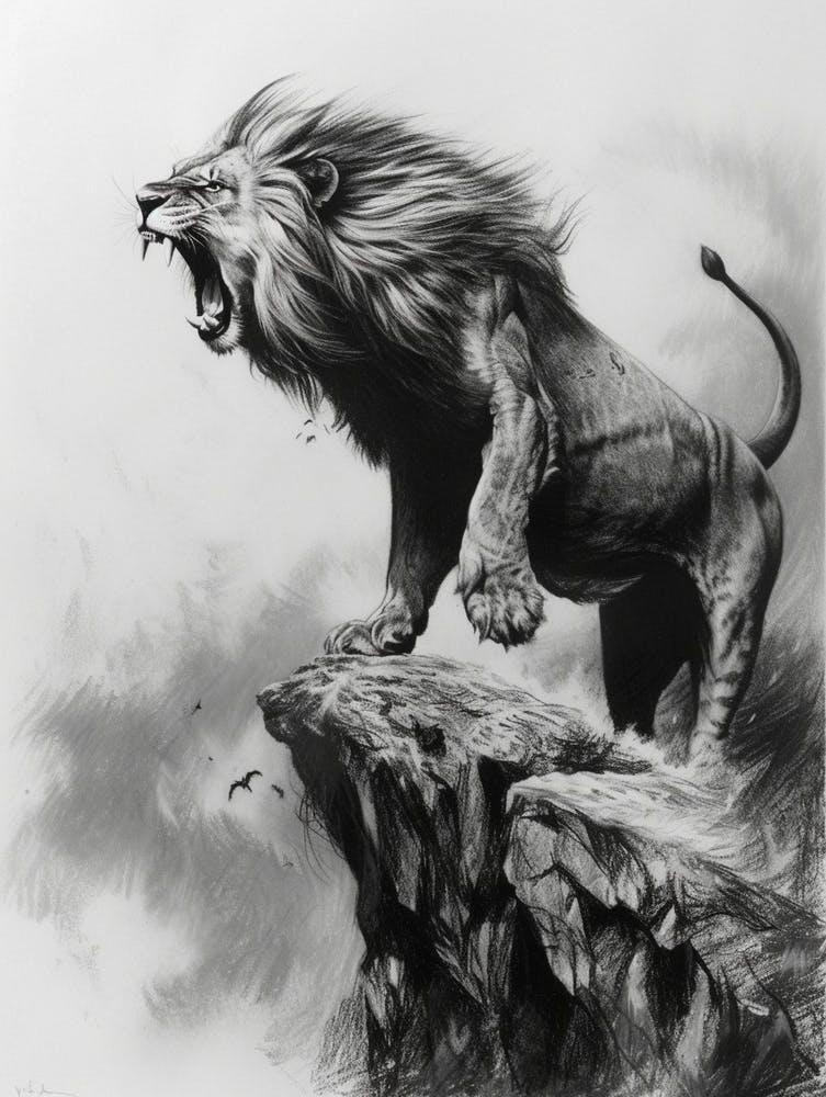 African Lion Charcoal Drawing Roaring On A Cliff 3