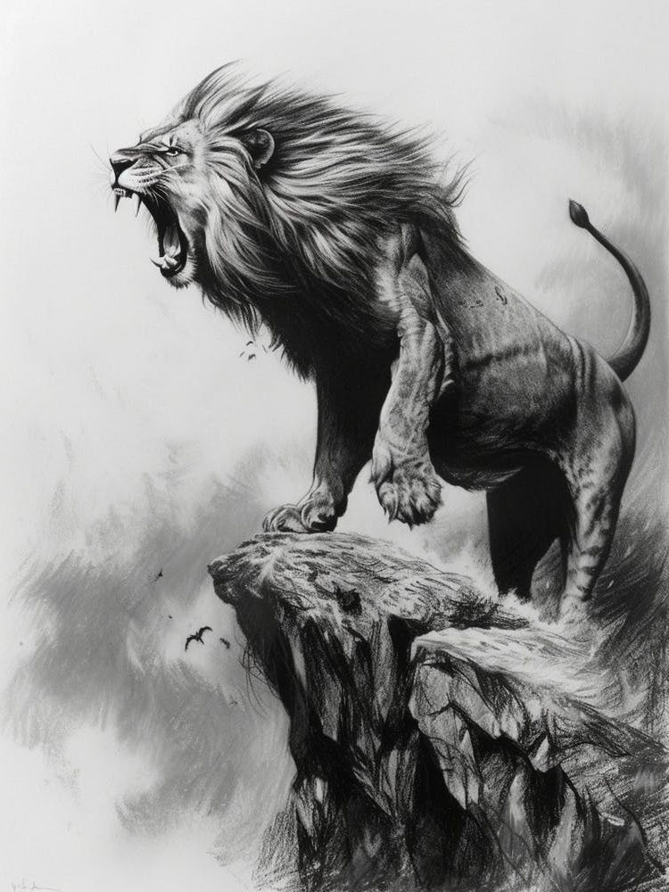 African Lion Charcoal Drawing Roaring On A Cliff 3