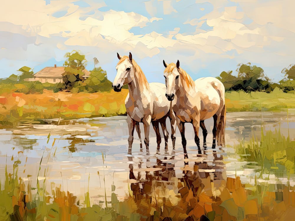 Horses Painting In Loire Valley, France, Landscape 2