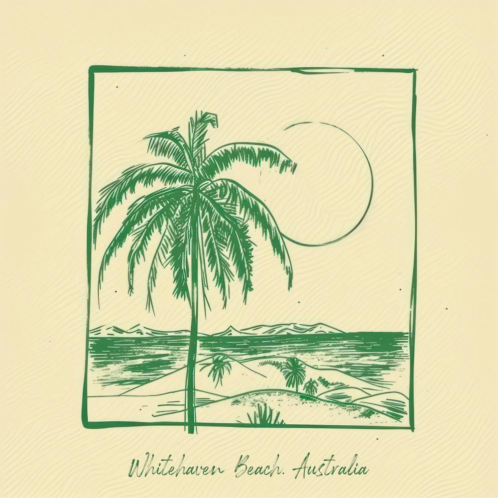 Whitehaven Beach, Australia Green Line Art Illustration