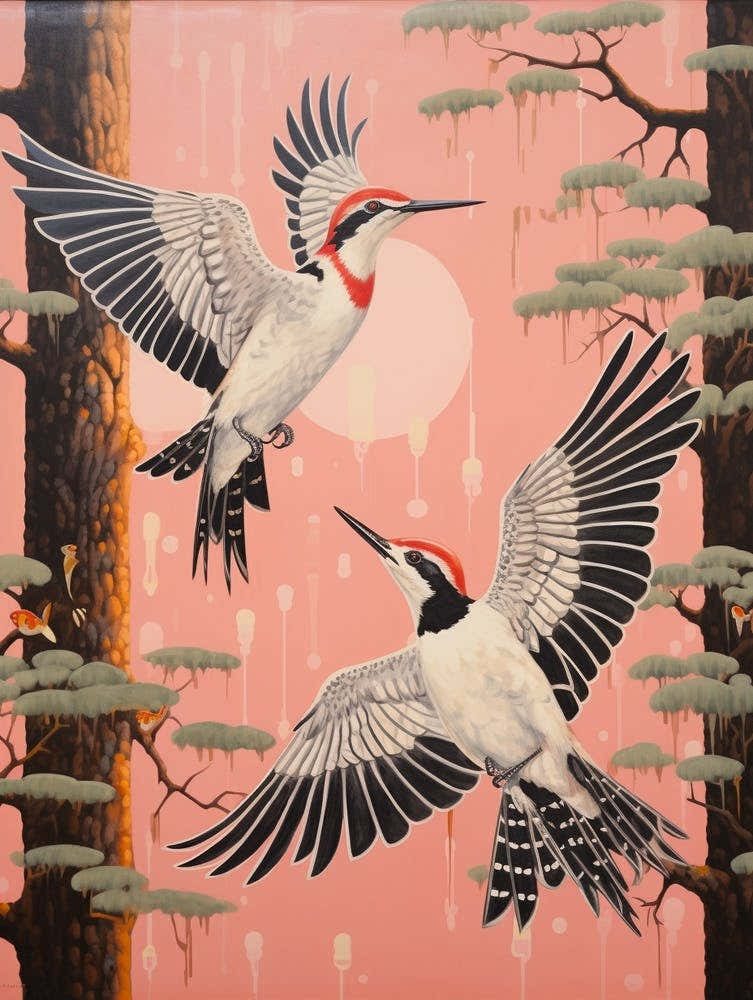 Vintage Japanese Inspired Bird Print Woodpecker 2